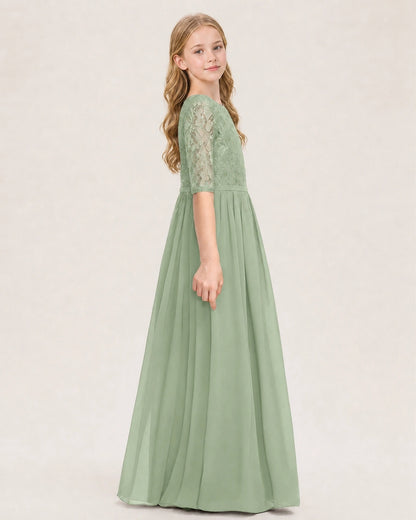 Sage Green Junior Bridesmaid Dress  Sheer Lace Sleeve Chiffon Floor-Length Gown Side View