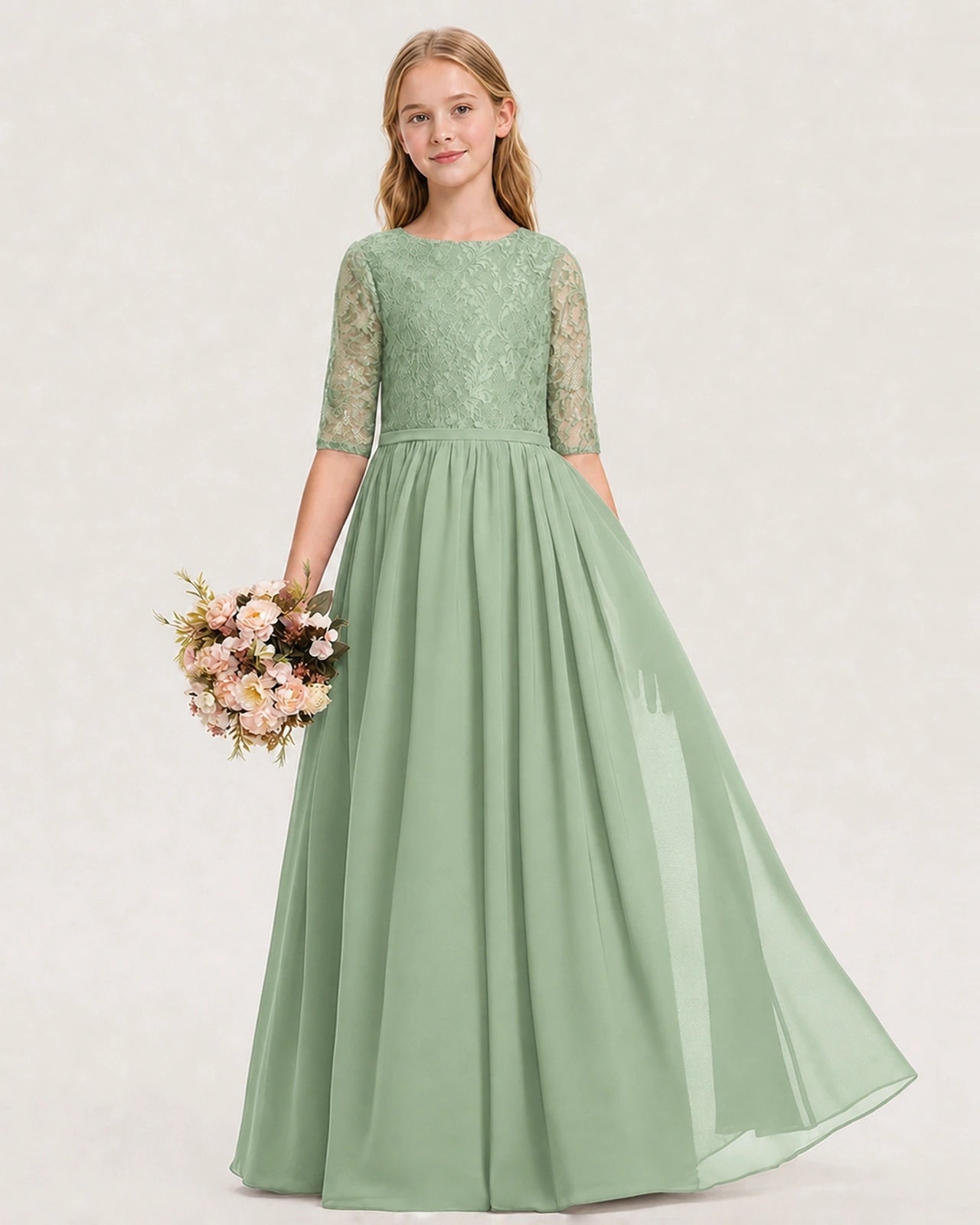 Sage Green Junior Bridesmaid Dress  Sheer Lace Sleeve Chiffon Floor-Length Gown Front View