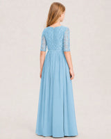 Sky Blue Lace Chiffon A-line Junior Bridesmaid Dress Back View