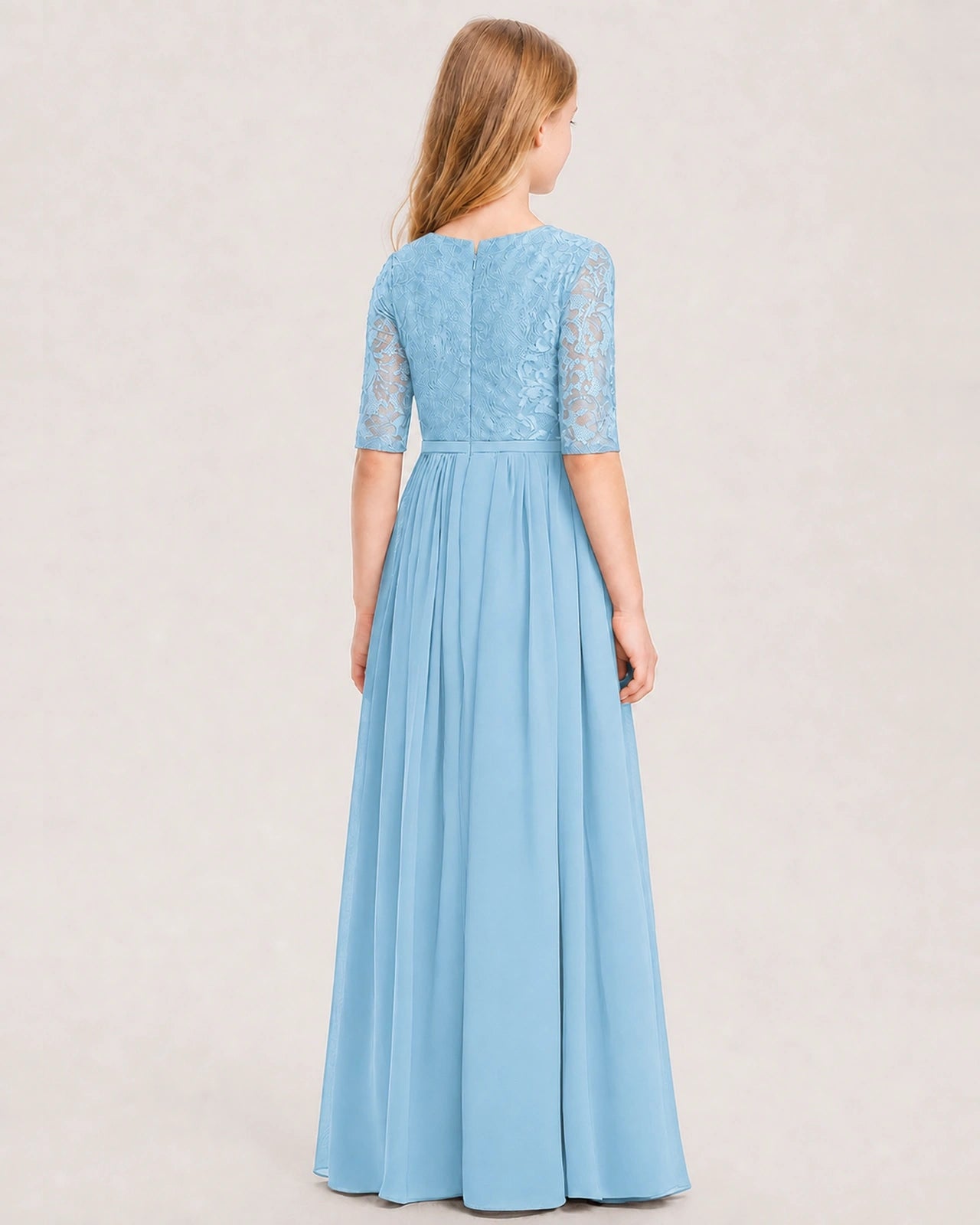 Sky Blue Junior Bridesmaid Dress  Sheer Lace Sleeve Chiffon Floor-Length Gown Back View