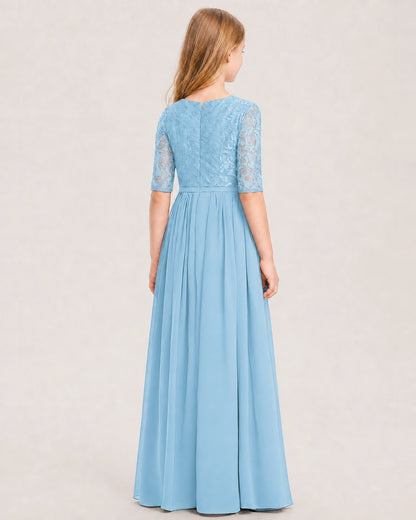 Sky Blue Junior Bridesmaid Dress  Sheer Lace Sleeve Chiffon Floor-Length Gown Back View