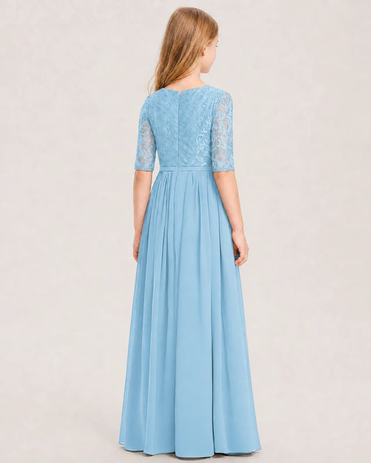 Sky Blue Lace Chiffon A-line Junior Bridesmaid Dress Back View