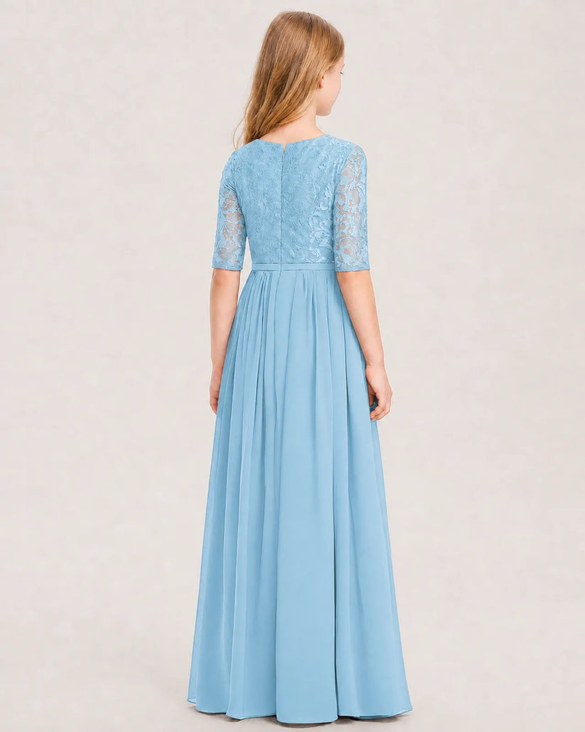 Sky Blue Lace Chiffon A-line Junior Bridesmaid Dress Back View
