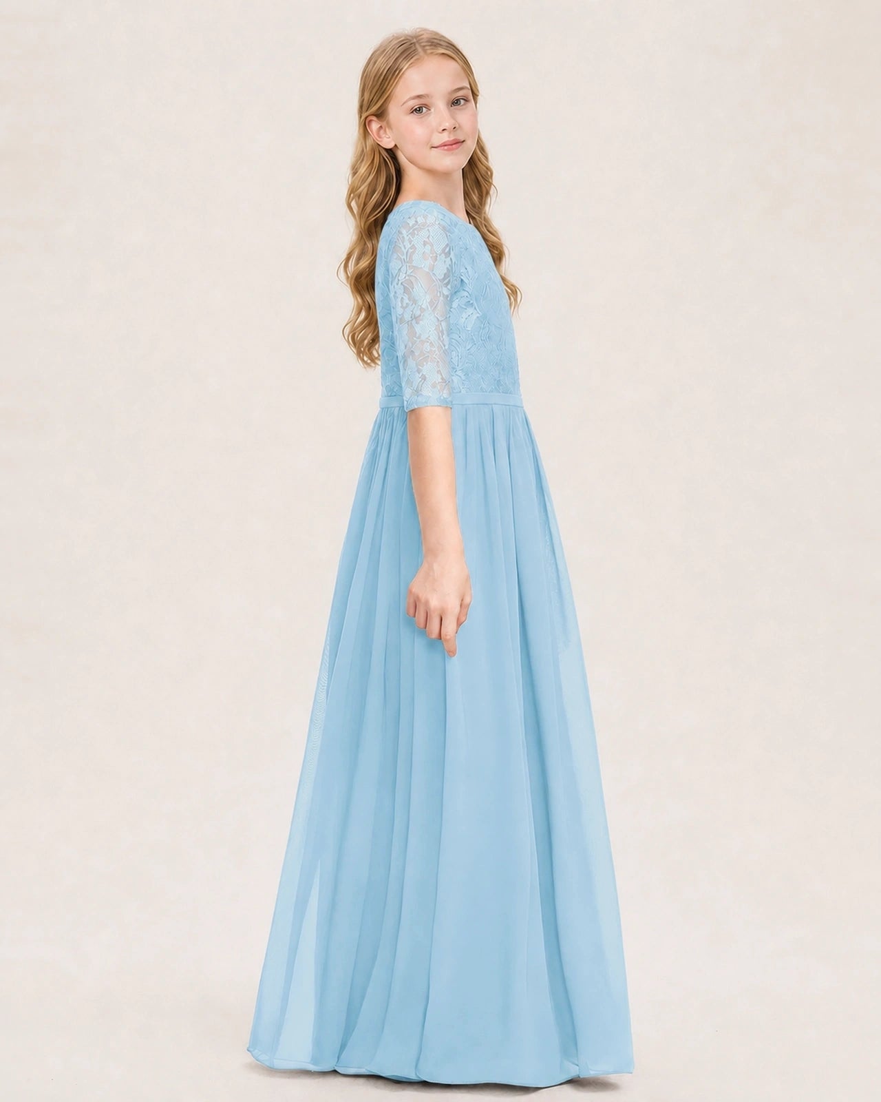 Sky Blue Junior Bridesmaid Dress  Sheer Lace Sleeve Chiffon Floor-Length Gown Side View