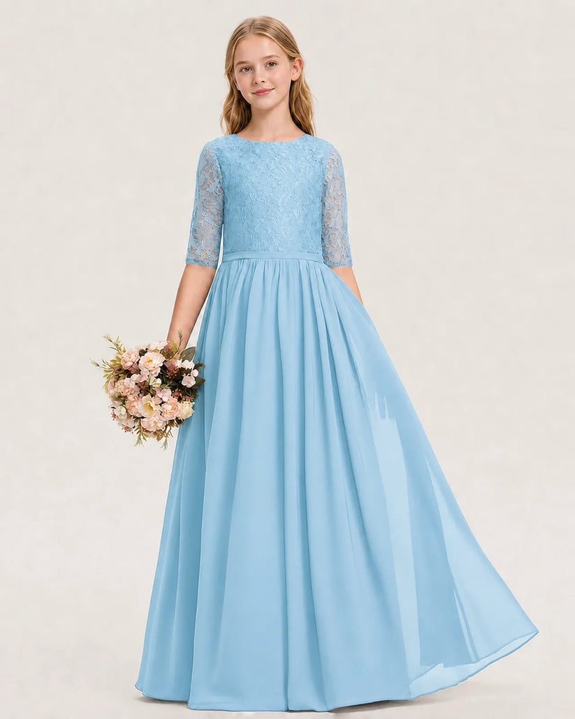 Sky Blue Lace Chiffon A-line Junior Bridesmaid Dress Front View