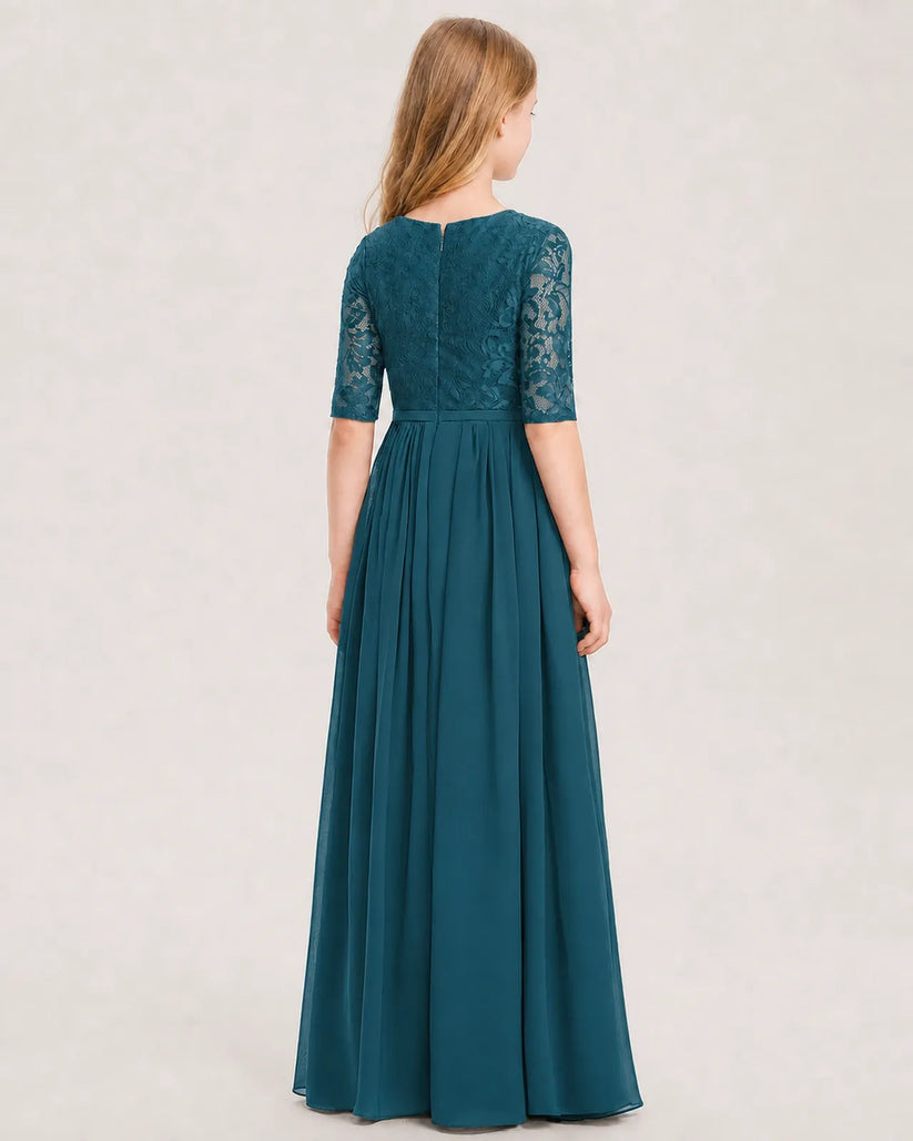 Teal Lace Chiffon A-line Junior Bridesmaid Dress Back View