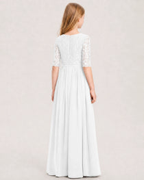White Junior Bridesmaid Dress  Sheer Lace Sleeve Chiffon Floor-Length Gown Back View