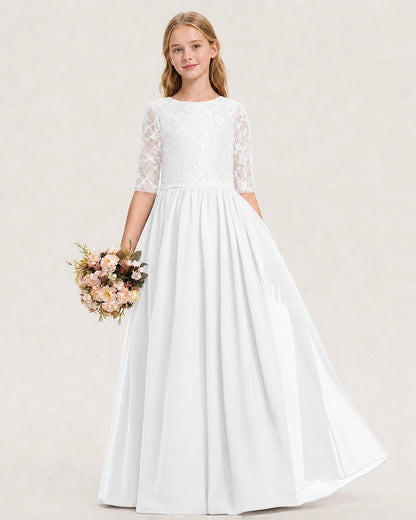 White Junior Bridesmaid Dress  Sheer Lace Sleeve Chiffon Floor-Length Gown Front View