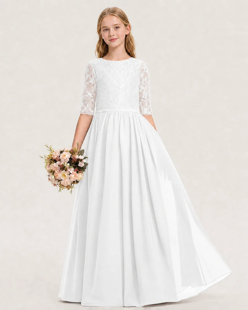 White Chiffon A-line Junior Bridesmaid Dress Front View