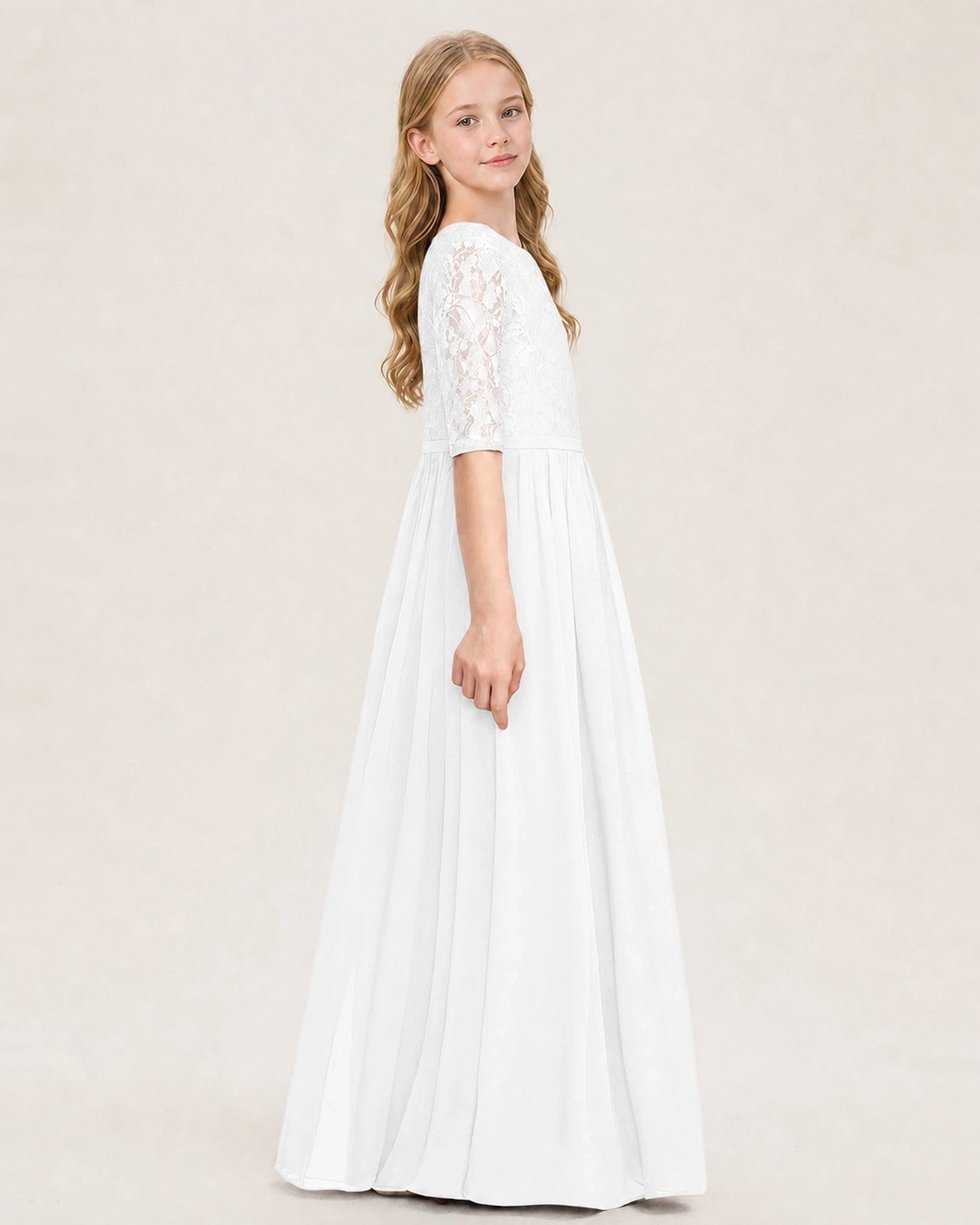 White Junior Bridesmaid Dress  Sheer Lace Sleeve Chiffon Floor-Length Gown Side View