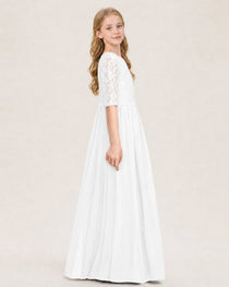 White Junior Bridesmaid Dress  Sheer Lace Sleeve Chiffon Floor-Length Gown Side View