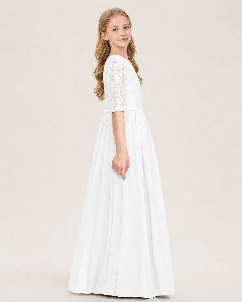 White Lace A-line Junior Bridesmaid Dress Side View