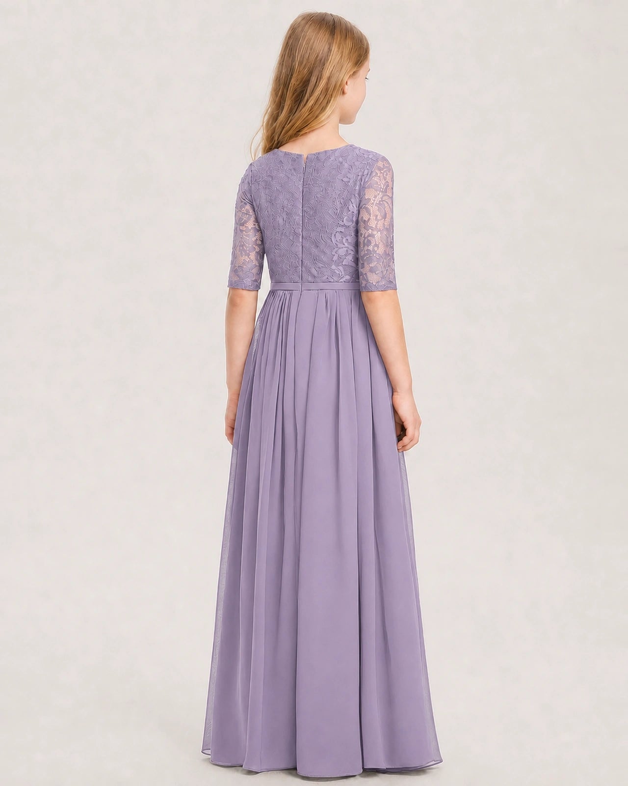 Wisteria Junior Bridesmaid Dress  Sheer Lace Sleeve Chiffon Floor-Length Gown Back View