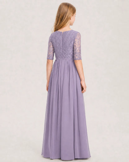 Wisteria Junior Bridesmaid Dress  Sheer Lace Sleeve Chiffon Floor-Length Gown Back View