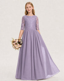 Wisteria Junior Bridesmaid Dress  Sheer Lace Sleeve Chiffon Floor-Length Gown Front View