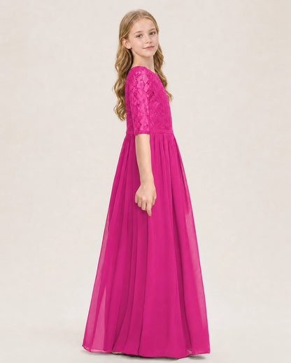 Hot Pink Junior Bridesmaid Dress  Sheer Lace Sleeve Chiffon Floor-Length Gown Side View