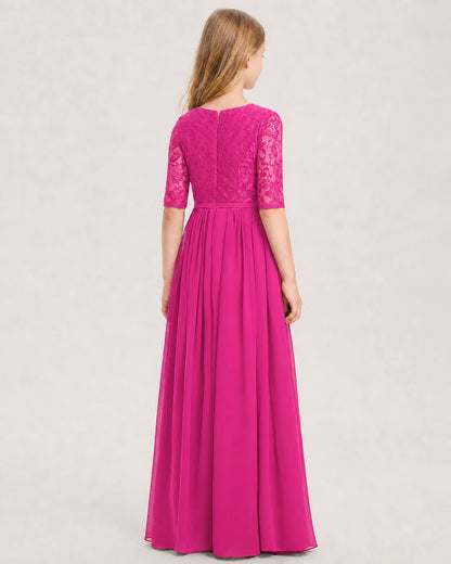 Hot Pink Junior Bridesmaid Dress  Sheer Lace Sleeve Chiffon Floor-Length Gown Back View