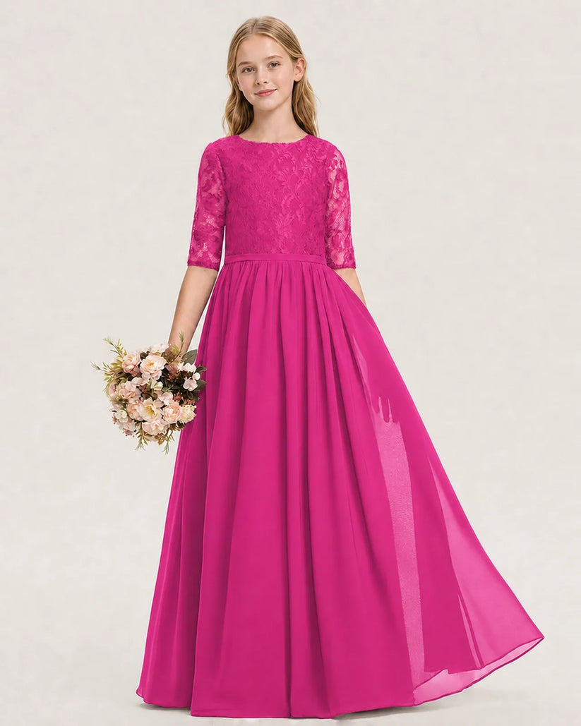 Hot Pink Lace A-line Junior Bridesmaid Dress Front View