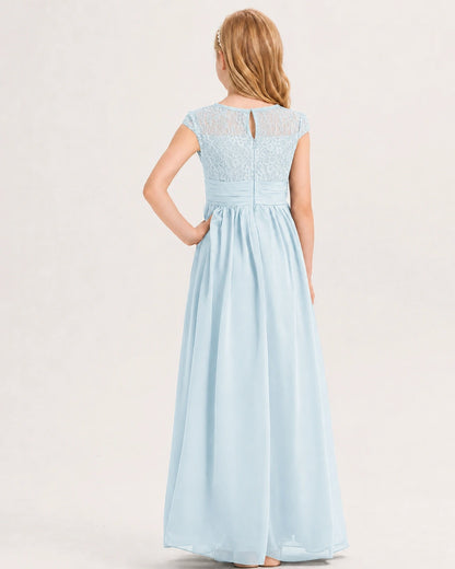 Baby Blue Junior Bridesmaid Dress  Lace Bodice Pleated Waist Chiffon Floor-Length Gown Back View