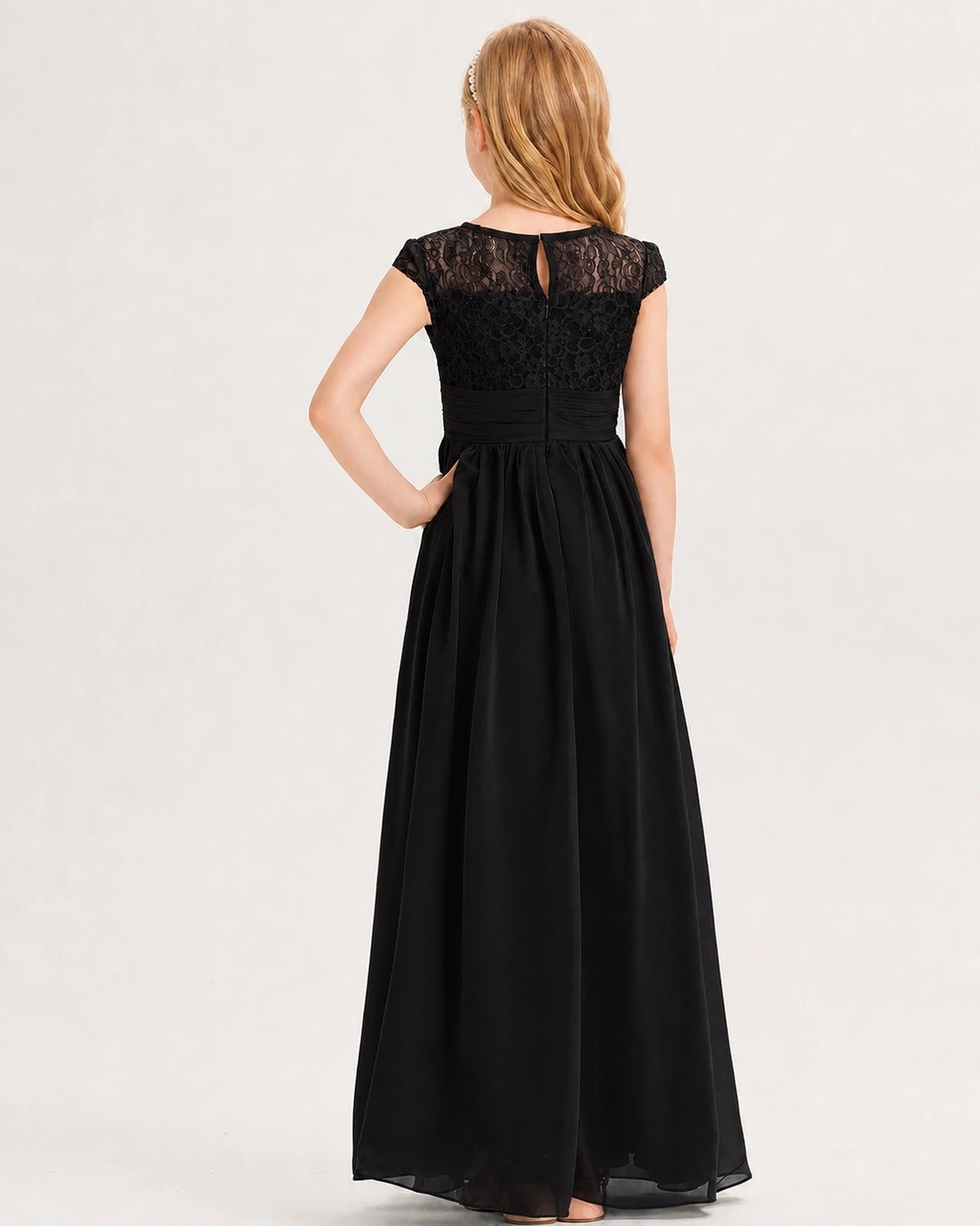 Black Junior Bridesmaid Dress  Lace Bodice Pleated Waist Chiffon Floor-Length Gown Back View