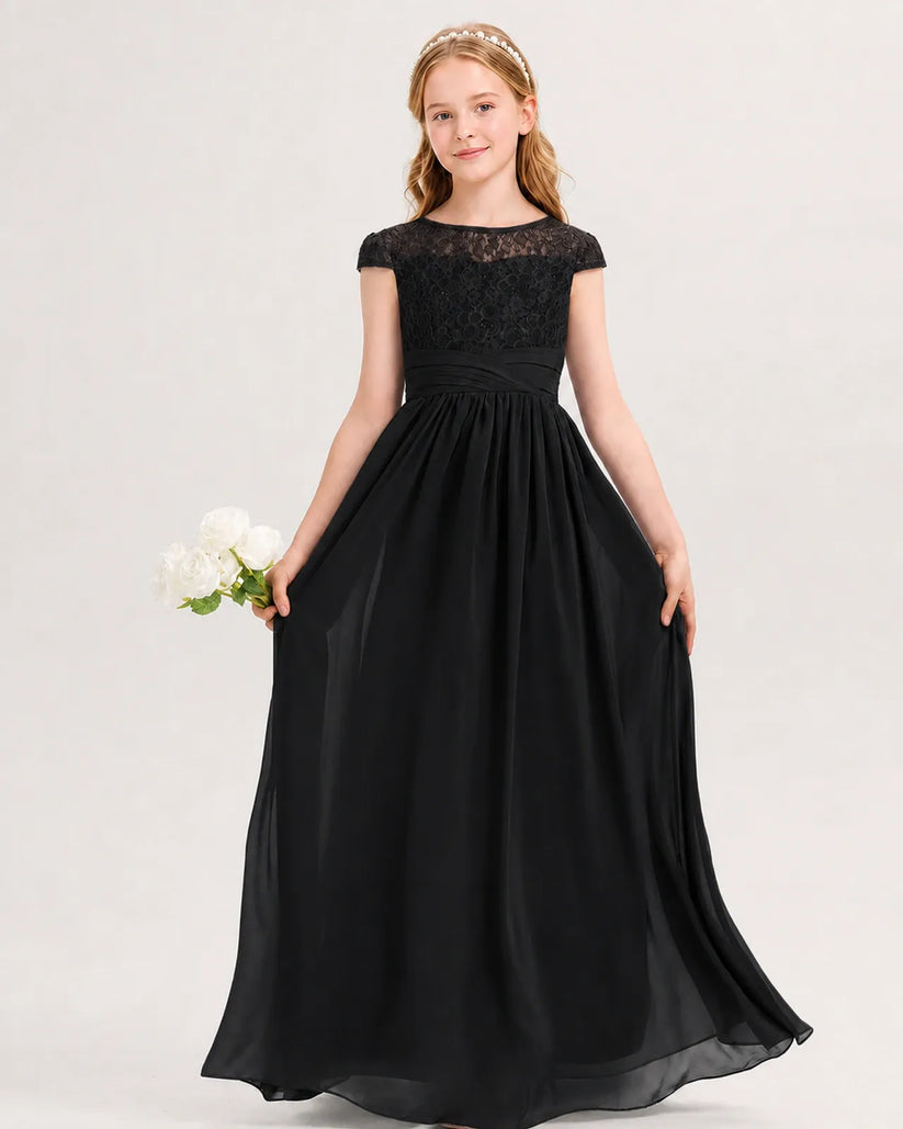 Black Chiffon A-line Junior Bridesmaid Dress Front View