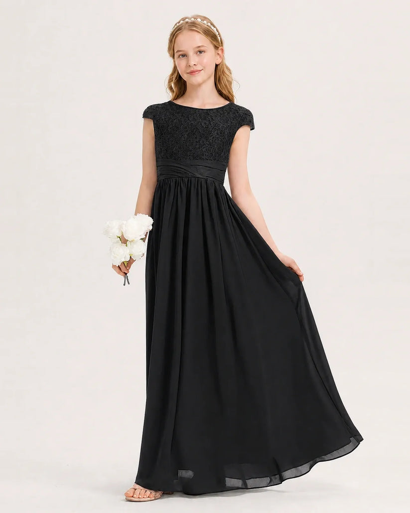 Black Chiffon A-line Junior Bridesmaid Dress Front View