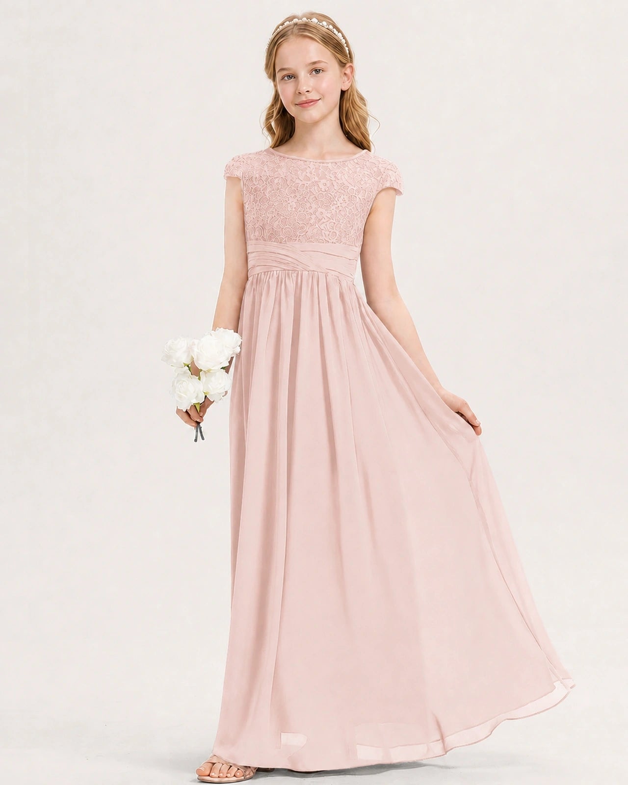 Blush Pink Junior Bridesmaid Dress  Lace Bodice Pleated Waist Chiffon Floor-Length Gown Front View