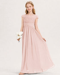 Blush Pink Junior Bridesmaid Dress  Lace Bodice Pleated Waist Chiffon Floor-Length Gown Front View
