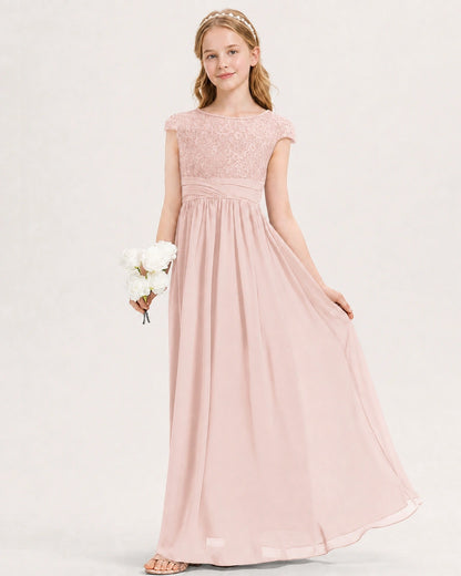 Blush Pink Junior Bridesmaid Dress  Lace Bodice Pleated Waist Chiffon Floor-Length Gown Front View