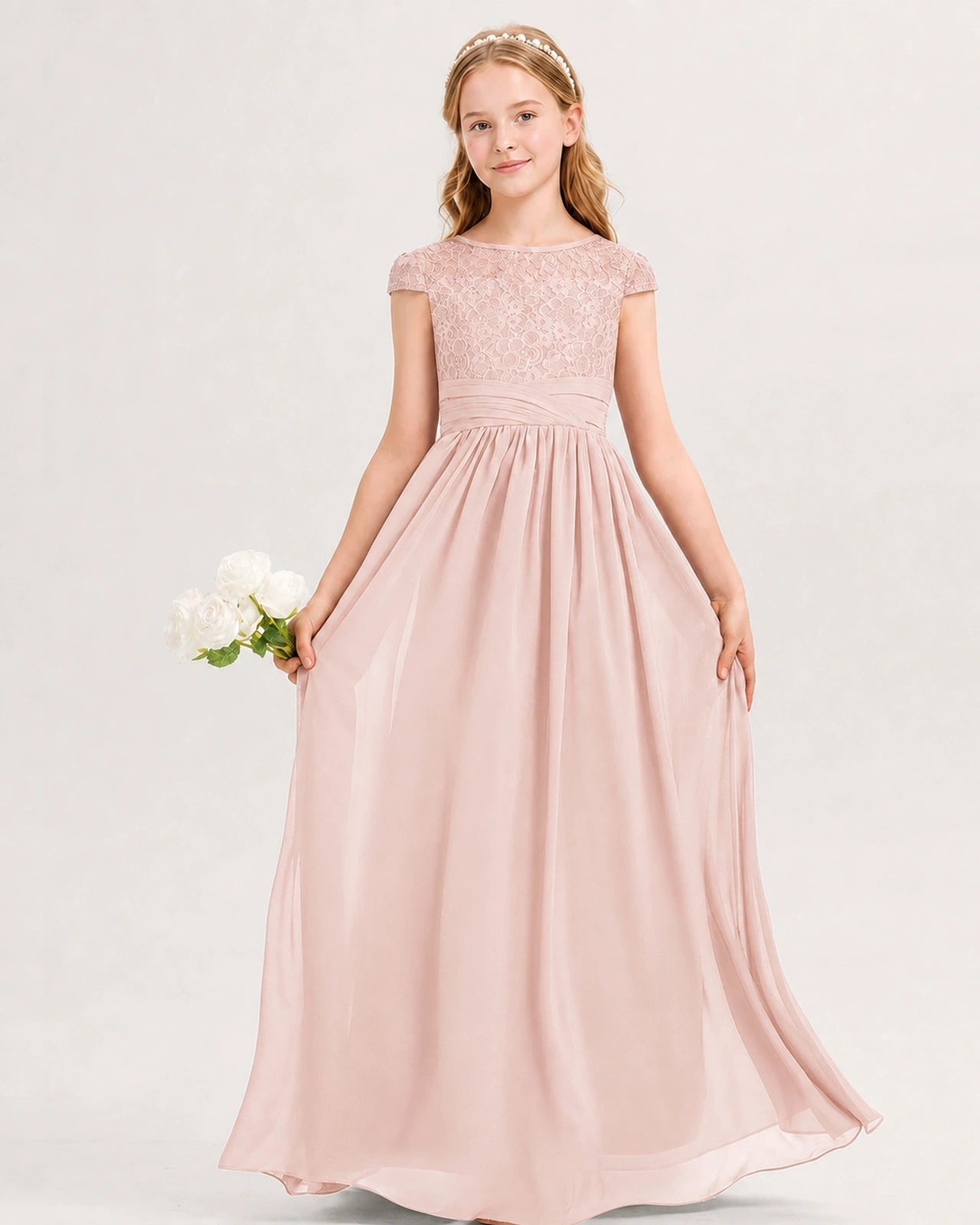 Blush Pink Junior Bridesmaid Dress  Lace Bodice Pleated Waist Chiffon Floor-Length Gown Front View