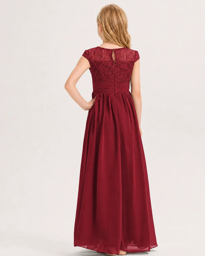 Burgundy Lace Chiffon A-line Junior Bridesmaid Dress Back View