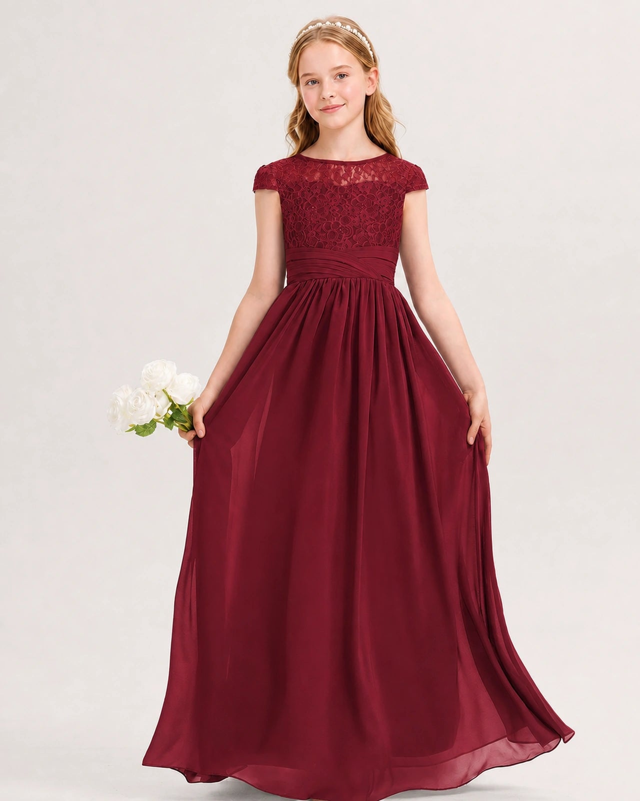 Burgundy Junior Bridesmaid Dress  Lace Bodice Pleated Waist Chiffon Floor-Length Gown Front View