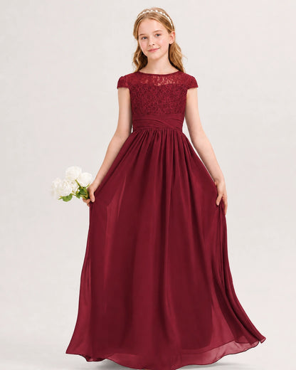 Burgundy Junior Bridesmaid Dress  Lace Bodice Pleated Waist Chiffon Floor-Length Gown Front View