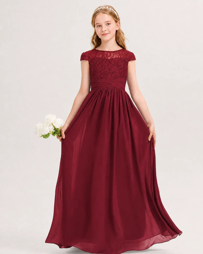 Burgundy Lace A-line Junior Bridesmaid Dress Front View