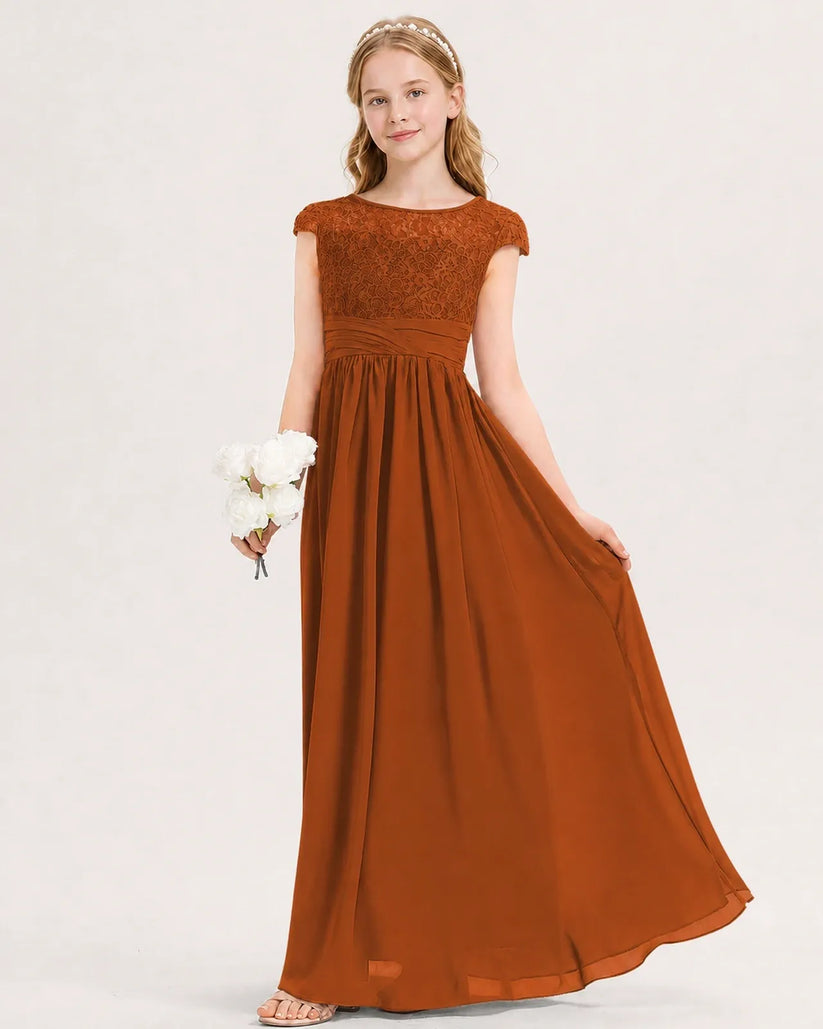 Burnt Orange Lace A-line Junior Bridesmaid Dress Front View