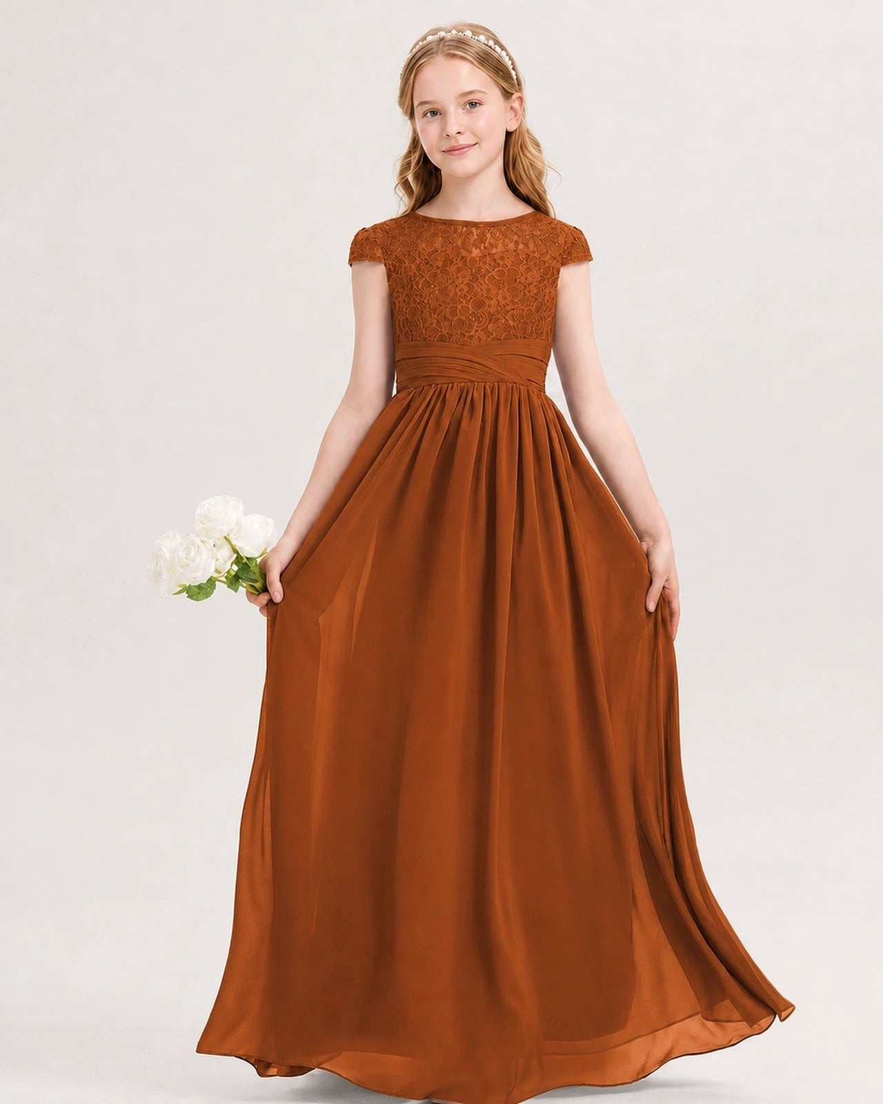 Burnt Orange Junior Bridesmaid Dress  Lace Bodice Pleated Waist Chiffon Floor-Length Gown Front View