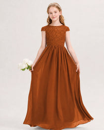 Burnt Orange Junior Bridesmaid Dress  Lace Bodice Pleated Waist Chiffon Floor-Length Gown Front View