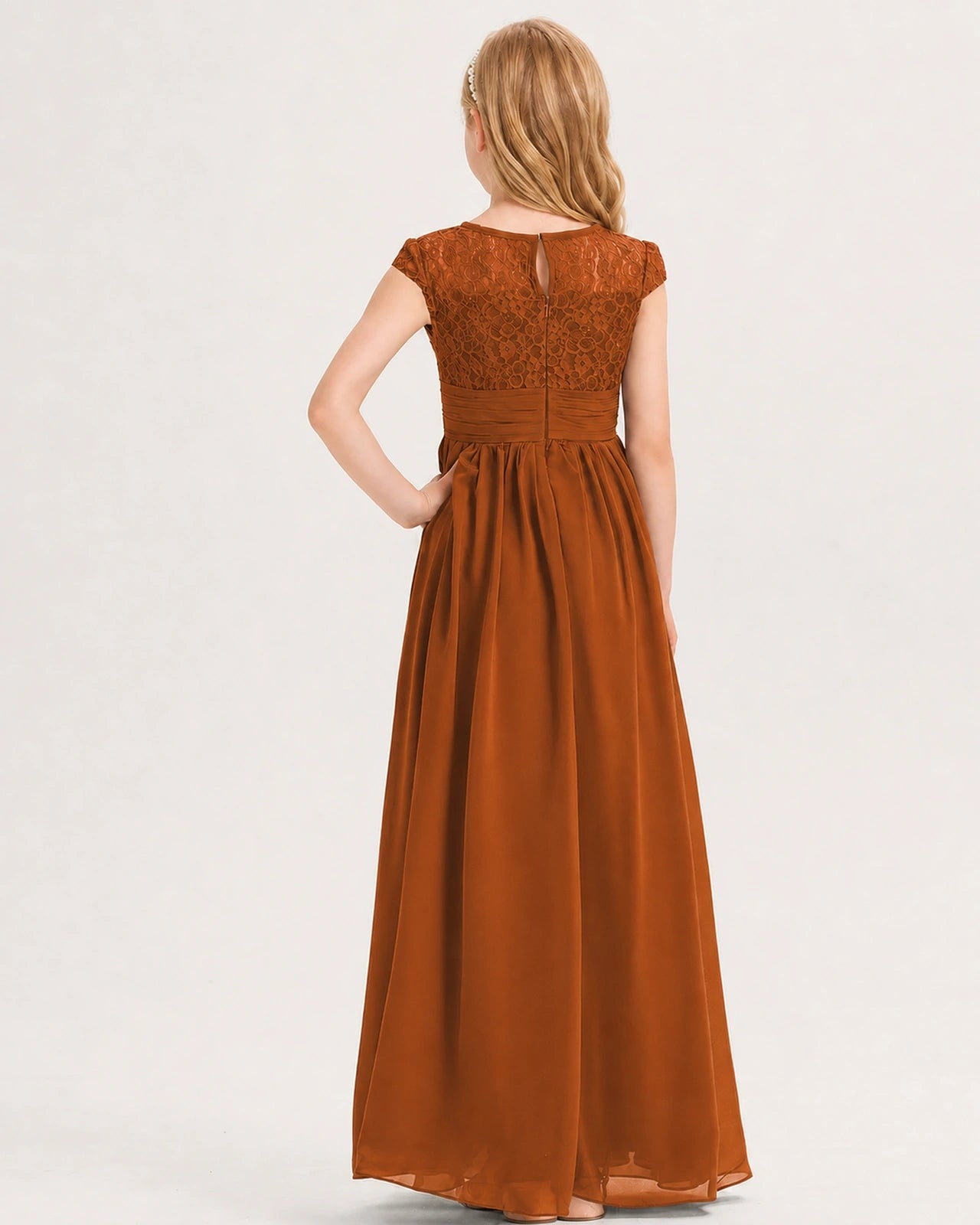 Burnt Orange Junior Bridesmaid Dress  Lace Bodice Pleated Waist Chiffon Floor-Length Gown Back View