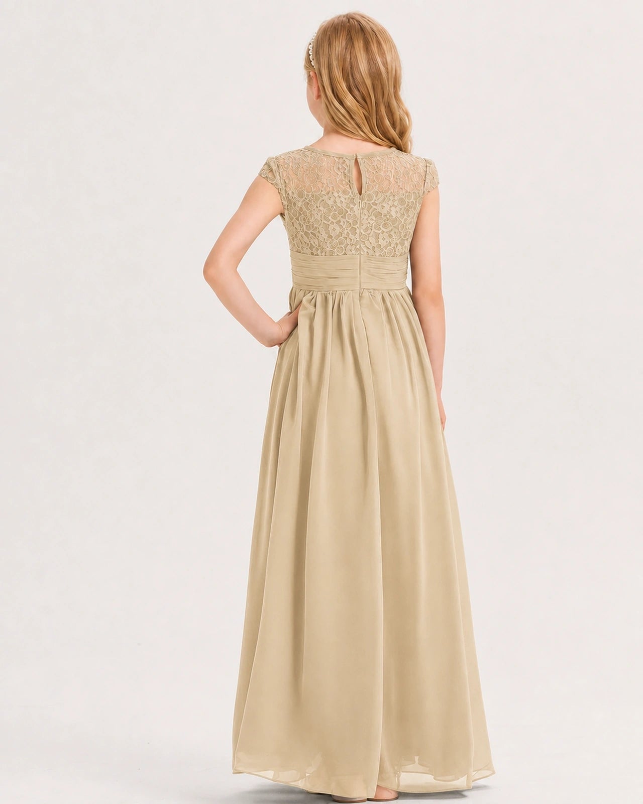 Champagne Junior Bridesmaid Dress  Lace Bodice Pleated Waist Chiffon Floor-Length Gown Back View
