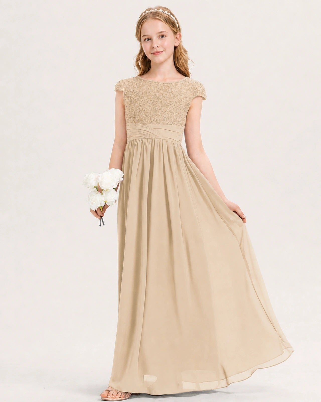 Champagne Junior Bridesmaid Dress  Lace Bodice Pleated Waist Chiffon Floor-Length Gown Front View
