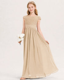 Champagne Junior Bridesmaid Dress  Lace Bodice Pleated Waist Chiffon Floor-Length Gown Front View