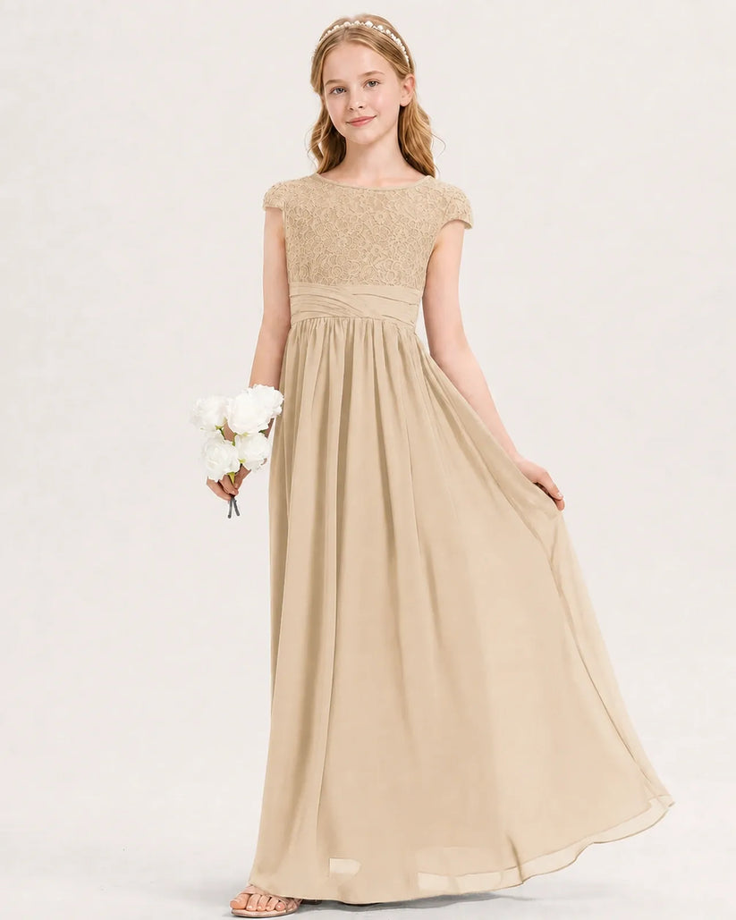 Champagne Lace Chiffon A-line Junior Bridesmaid Dress Front View
