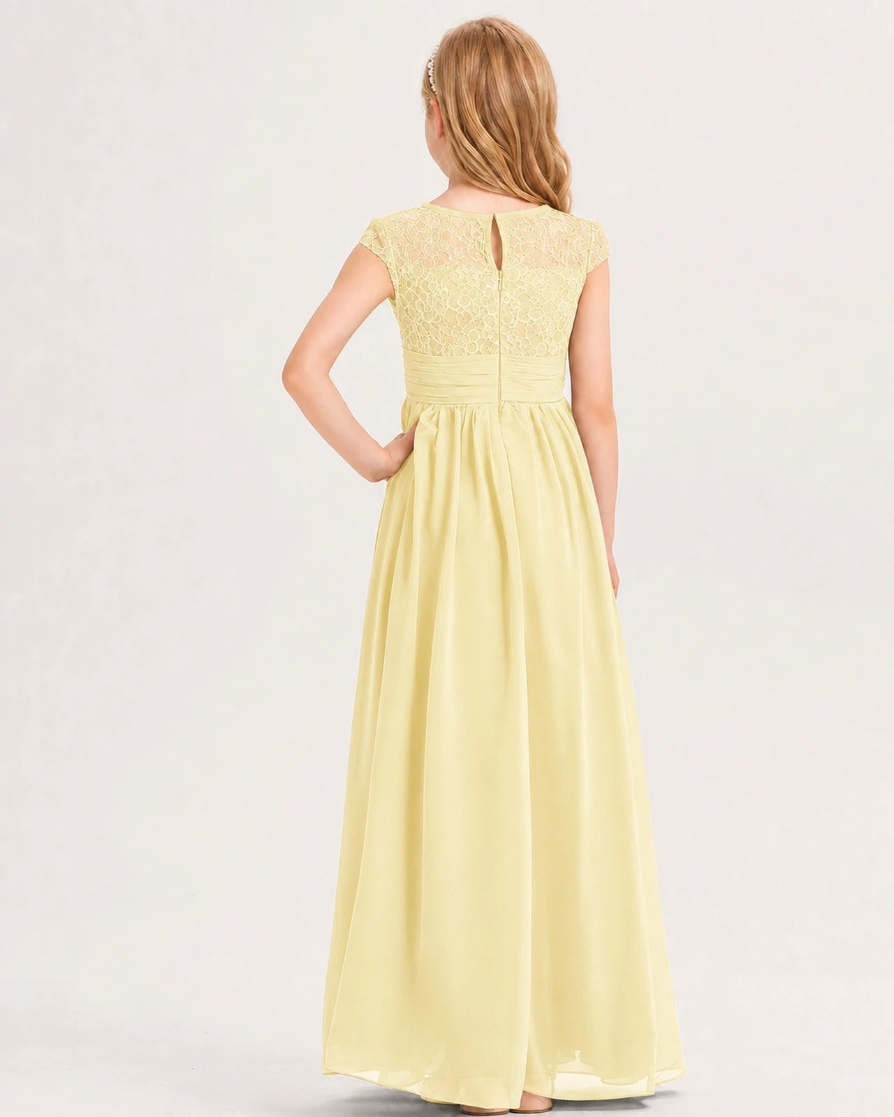 Daffodil Junior Bridesmaid Dress  Lace Bodice Pleated Waist Chiffon Floor-Length Gown Back View