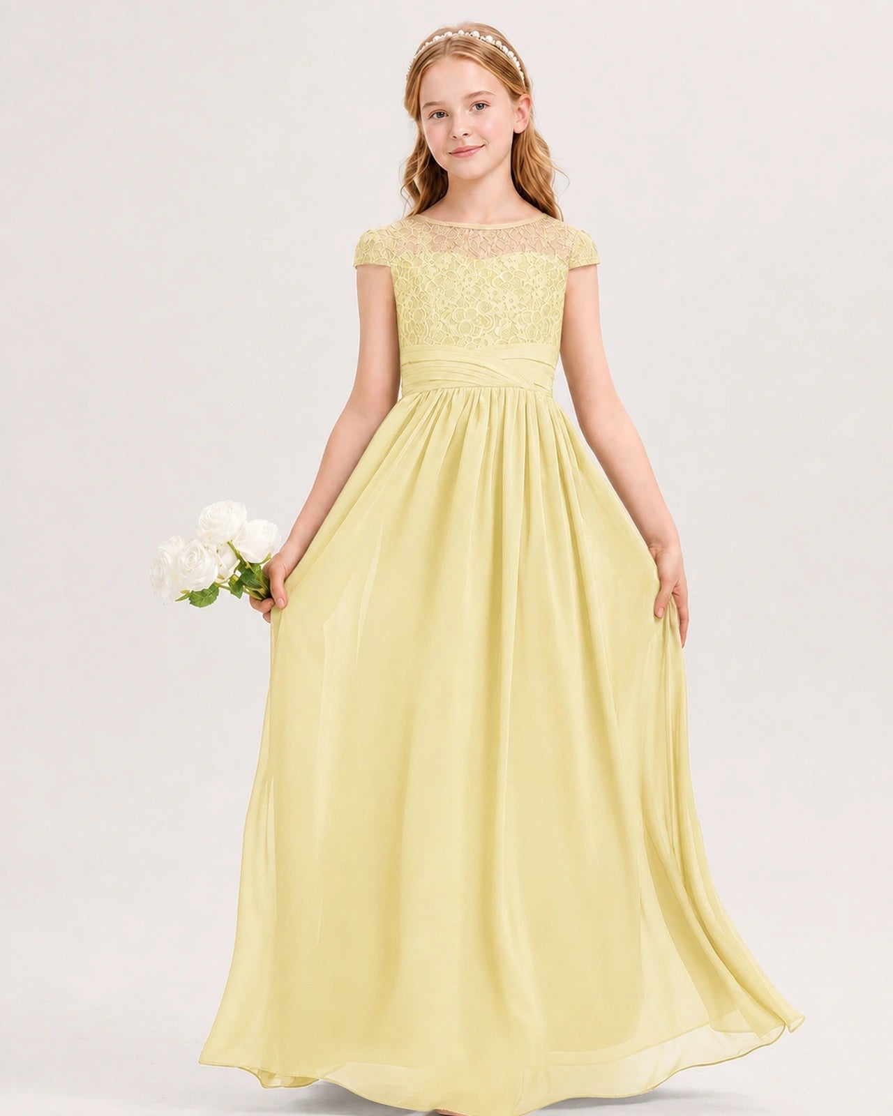 Daffodil Junior Bridesmaid Dress  Lace Bodice Pleated Waist Chiffon Floor-Length Gown Front View