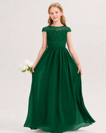 Dark Green Junior Bridesmaid Dress  Lace Bodice Pleated Waist Chiffon Floor-Length Gown Front View
