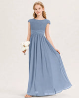 Dusty Blue Lace Chiffon A-line Junior Bridesmaid Dress Front View