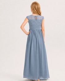 Dusty Blue Junior Bridesmaid Dress  Lace Bodice Pleated Waist Chiffon Floor-Length Gown Back View