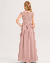 Dusty Rose Junior Bridesmaid Dress  Lace Bodice Pleated Waist Chiffon Floor-Length Gown Back View