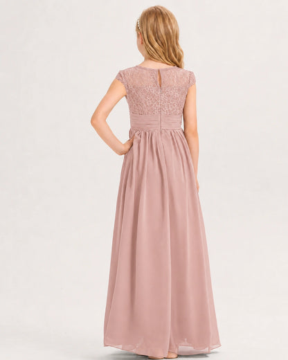 Dusty Rose Junior Bridesmaid Dress  Lace Bodice Pleated Waist Chiffon Floor-Length Gown Back View