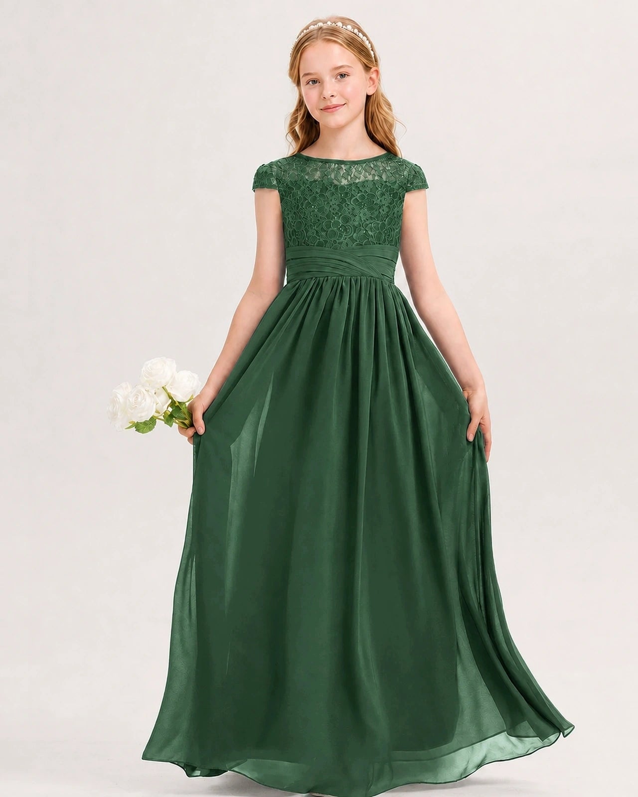 Emerald Green Junior Bridesmaid Dress  Lace Bodice Pleated Waist Chiffon Floor-Length Gown Front View